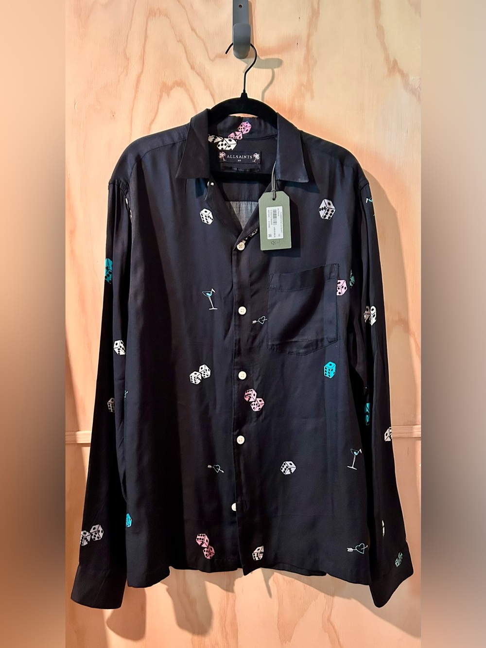 AllSaints Tombstone Men's Black Dice & Cocktail Print Button-Up Shirt US XS